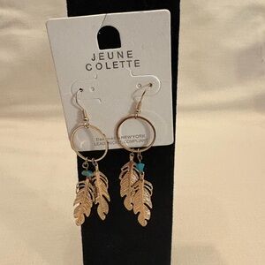 Gold Feather Earrings with Turquoise Accents